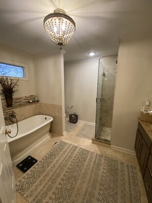 Combined shower/tub, hair dryer, bidet, towels