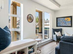TV, fireplace, books, stereo
