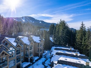 Zona residencial con tejados nevados y una montaña al fondo.