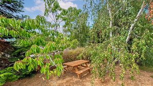 A picnic table surrounded by trees and shrubs. - Beautiful home in Ebeltoft with WiFi (Ebeltoft)