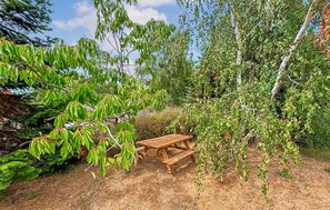 Een picknicktafel omringd door bomen en struiken.