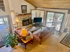 Televisión, chimenea y reproductor de DVD 