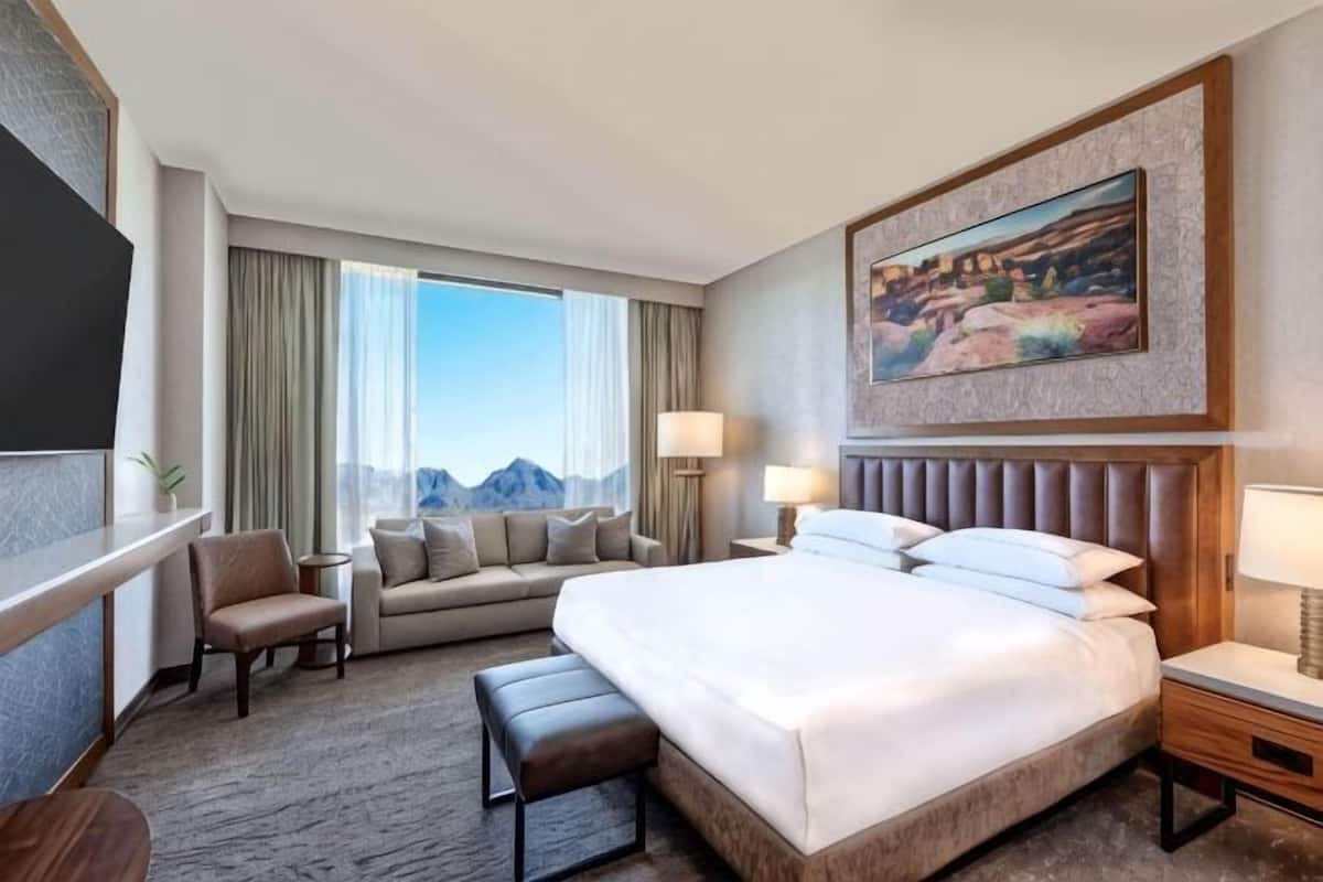 Habitación de hotel con una cama grande, un sofá, un escritorio y una televisión. Hay un cuadro en la pared y una ventana con vistas a montañas.