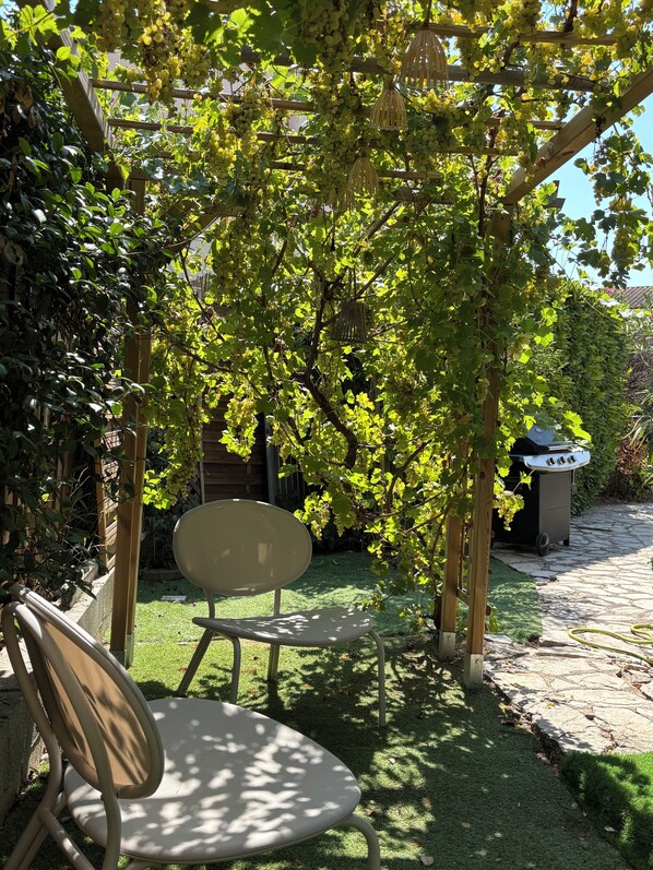 Un espace jardin agrémenté d’une pergola recouverte de vignes, d’une table ronde et d’un barbecue.