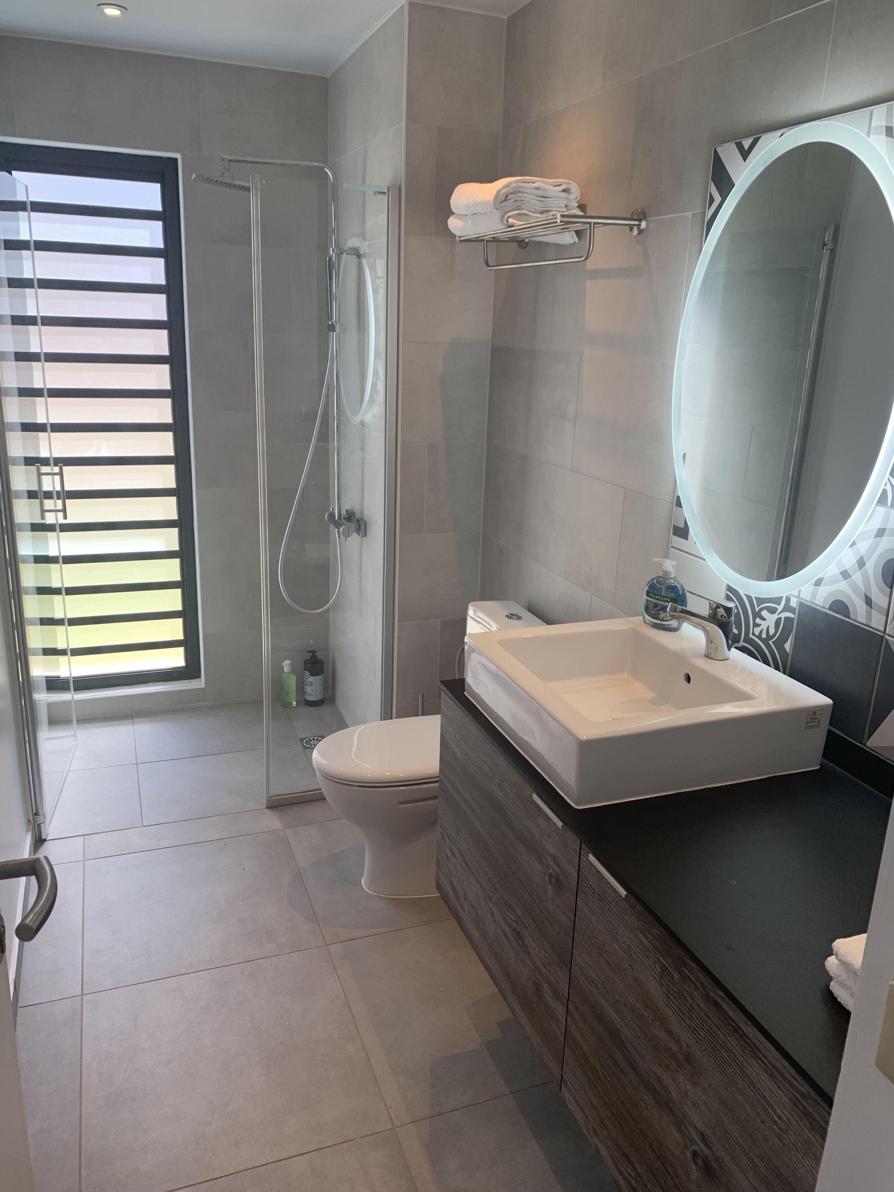 Een moderne badkamer met een glazen douchecabine, een wit toilet, een ruime wastafel met spiegel en een handdoekhouder.