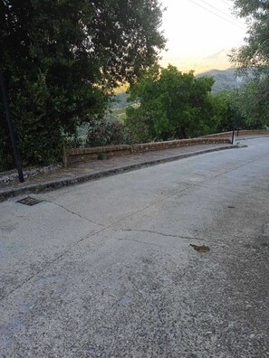 Stroll along the winding pathway surrounded by lush greenery and rolling hills.