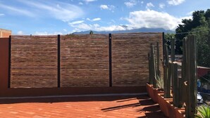 A wooden fence with vertical slats, a brick floor, and cacti in the foreground. - Matatlán, Casa Crónica (Oaxaca de Juárez)