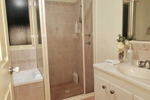 Combined shower/bathtub, hair dryer