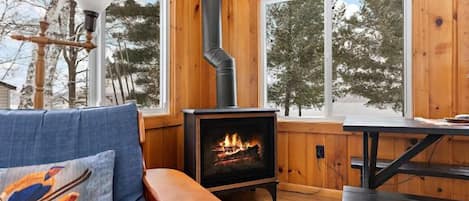 Smart-tv, een open haard, een dvd-speler en een muziekbibliotheek