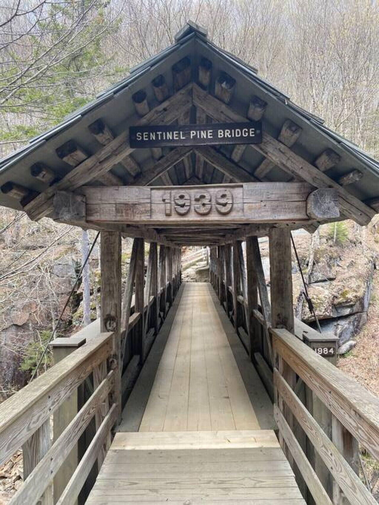 A wooden pedestrian bridge with a sign reading "Sentinel Pine Bridge 1939" and a year marker "1984".