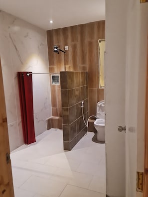 Shower, bidet, towels, soap