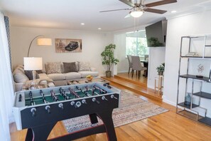 Smart TV, foosball, books, offices