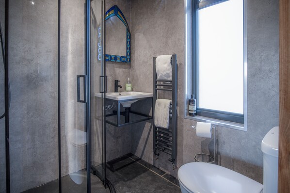 A modern bathroom with a glass shower enclosure, a white sink, a towel rack, and a toilet. - Tawny Lodge - 1 Bedroom - Blossom Farm (Haverfordwest)