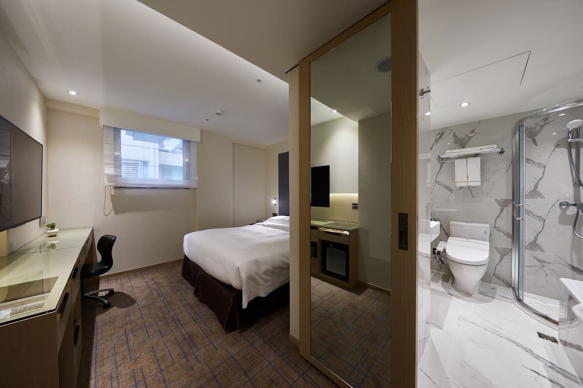 A hotel room with a bed, a desk, a mirror, a shower, and a toilet.