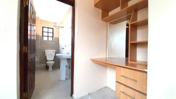 Shower, towels, soap, toilet paper