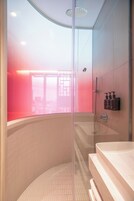 Shower, rainfall showerhead, eco-friendly toiletries, hair dryer