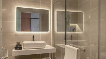 Shower, rainfall showerhead, hair dryer, slippers