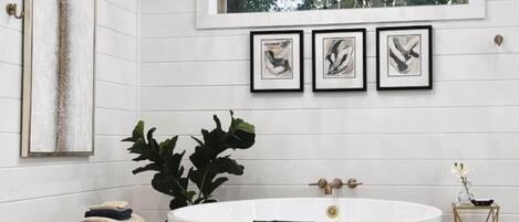 Tina, secadora de cabello, toallas, shampoo