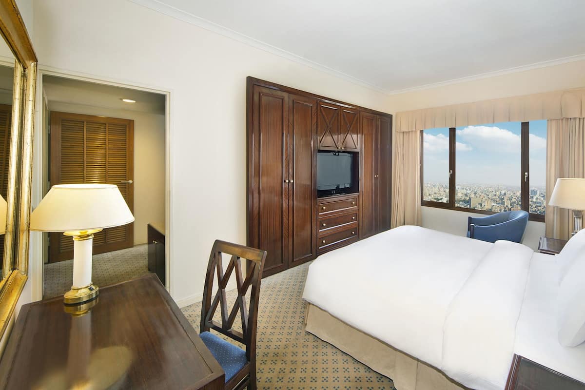 A hotel room with a large bed, a TV, a desk with a lamp, a chair, and a view of the city through the window.