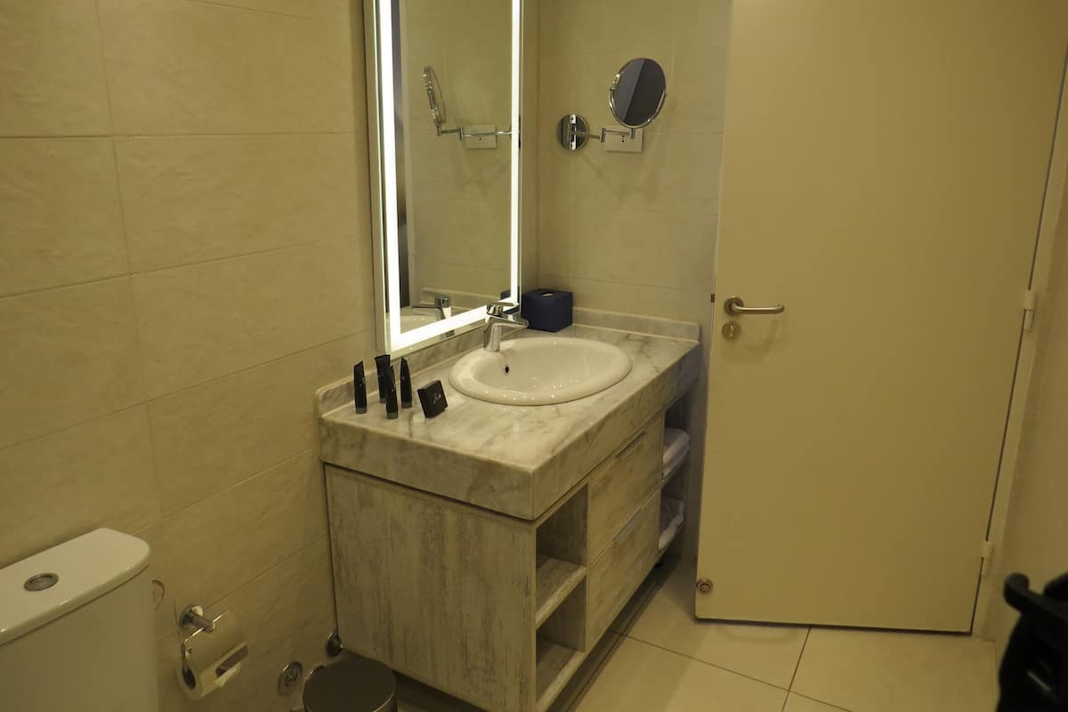 A bathroom with a marble sink, a mirror, a toilet, and a shower.