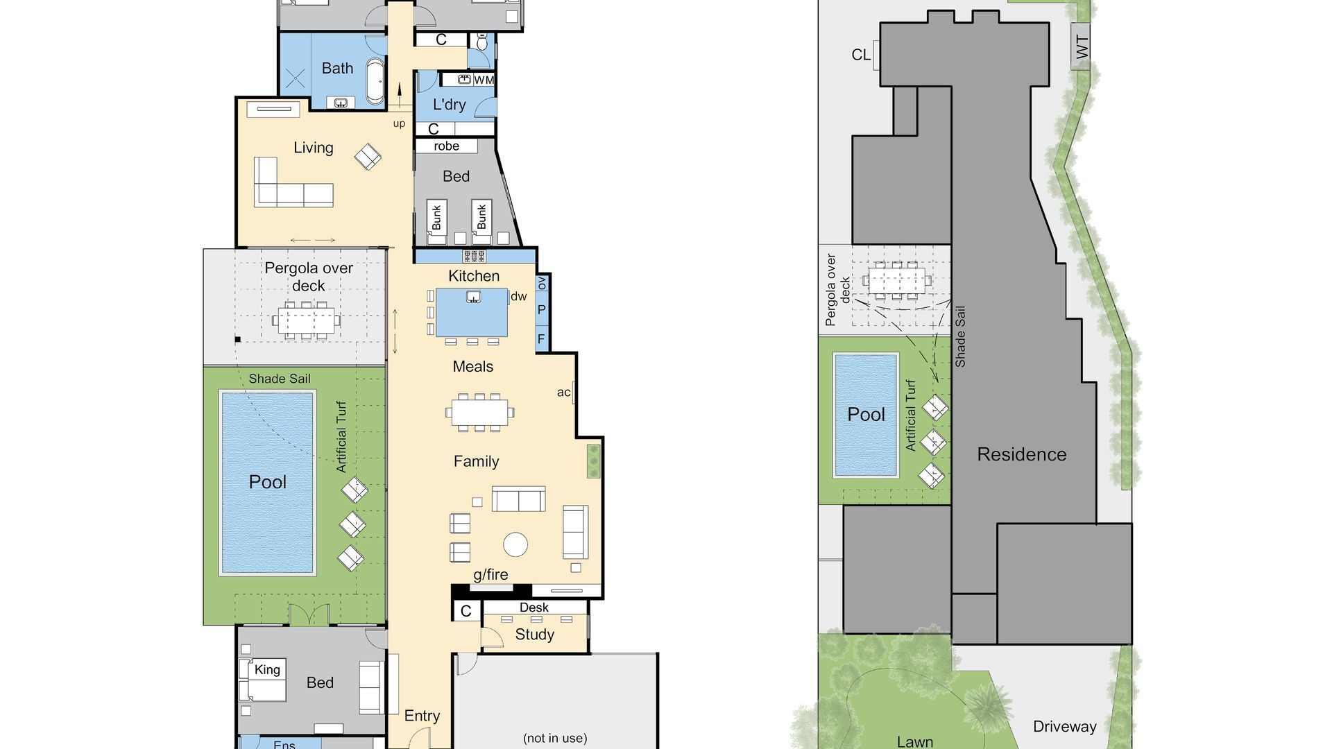 Grundriss eines Wohnhauses mit Pool, Pergola über der Terrasse und Kunstgraspflasterung.