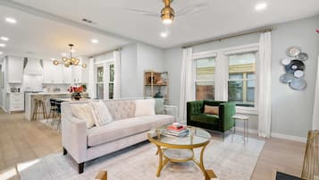 TV, fireplace, books, stereo