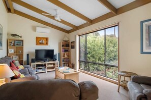 TV, DVD player, books, stereo