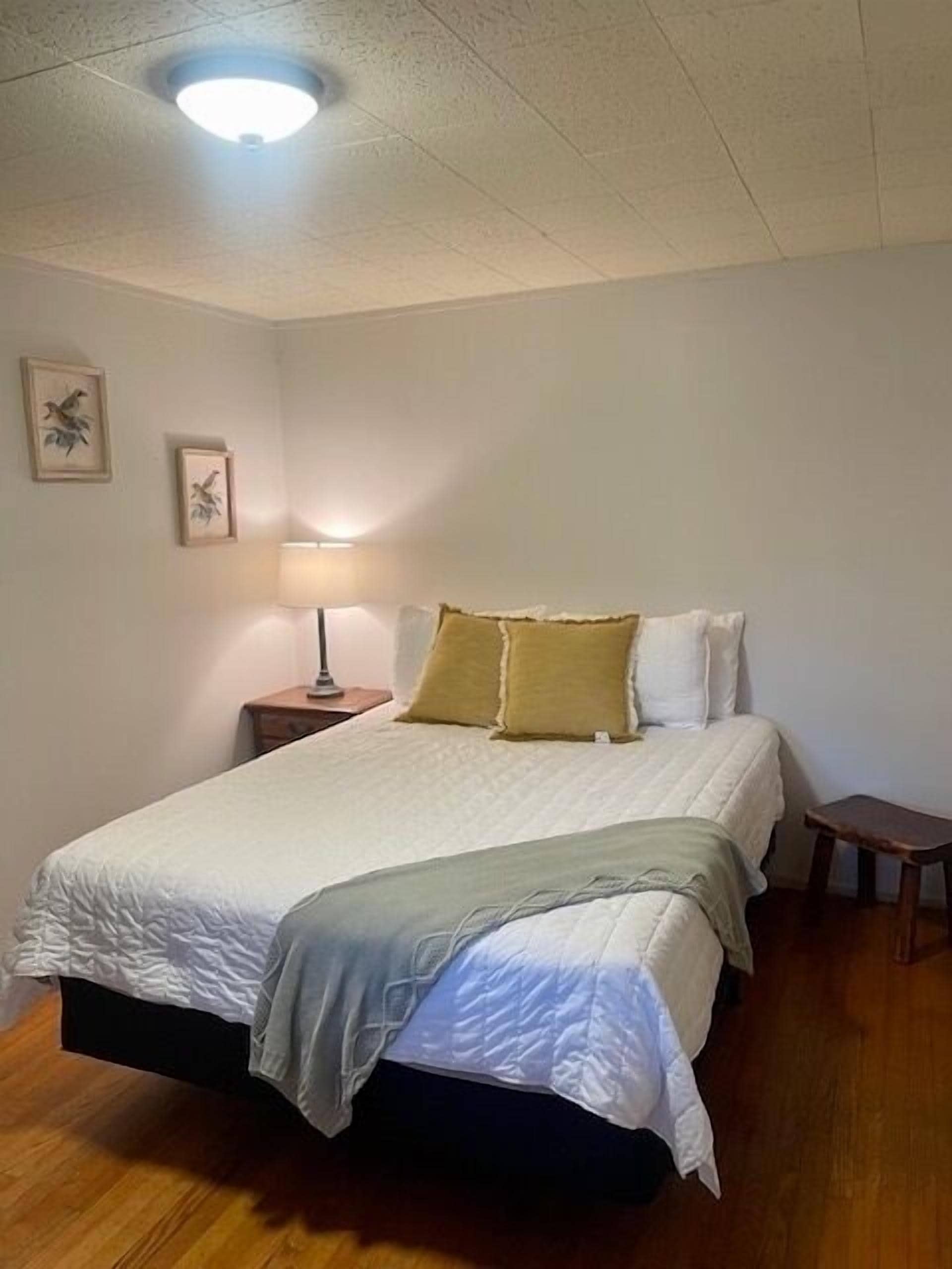 A bedroom with a bed, two bedside tables, a nightstand, and a ceiling light.