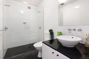 Douche, séchoir à cheveux, serviettes fournies, shampooing
