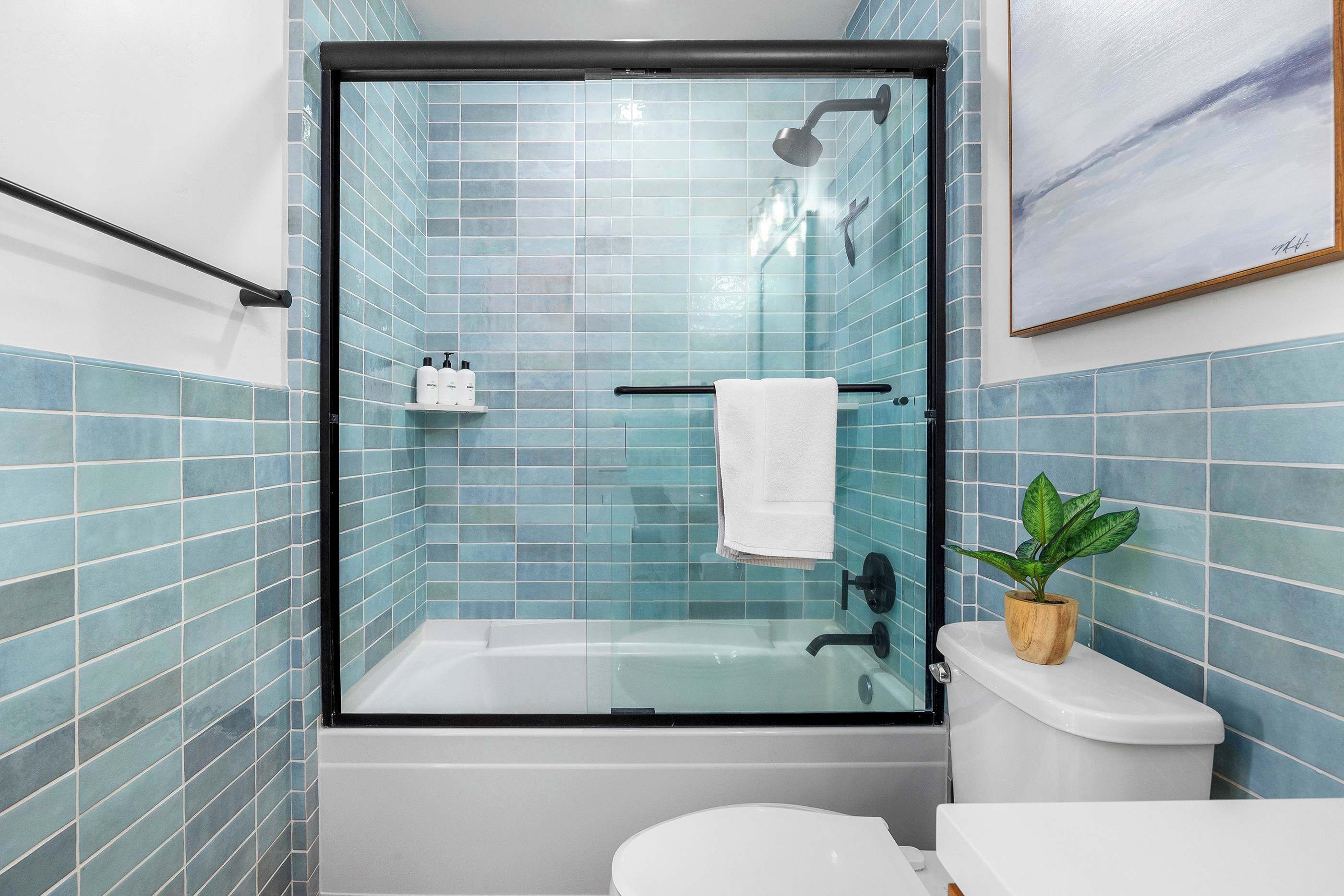 Bathtub, hair dryer, towels, shampoo
