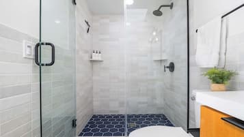 Shower, hair dryer, towels, shampoo