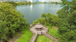 A gazebo with a tiled roof surrounded by a wooden deck and railing, overlooking a calm lake with buildings in the background. - 1407 - Universal Studios View (Orlando)