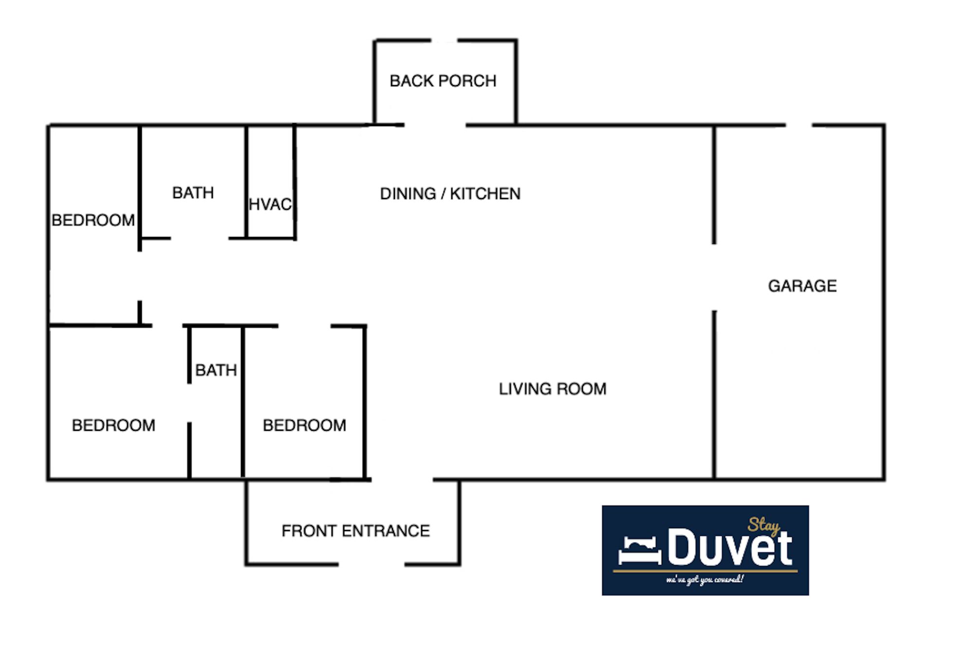 Plano de planta que muestra un porche trasero, comedor/cocina, garaje, sala de estar y dos dormitorios con baños e instalación de climatización.