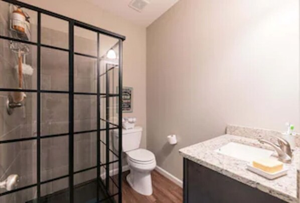 Bathroom features a glass-enclosed shower, white toilet, and marble sink with soap dish.
