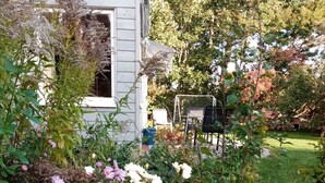 A garden with flowering plants and a house in the background.