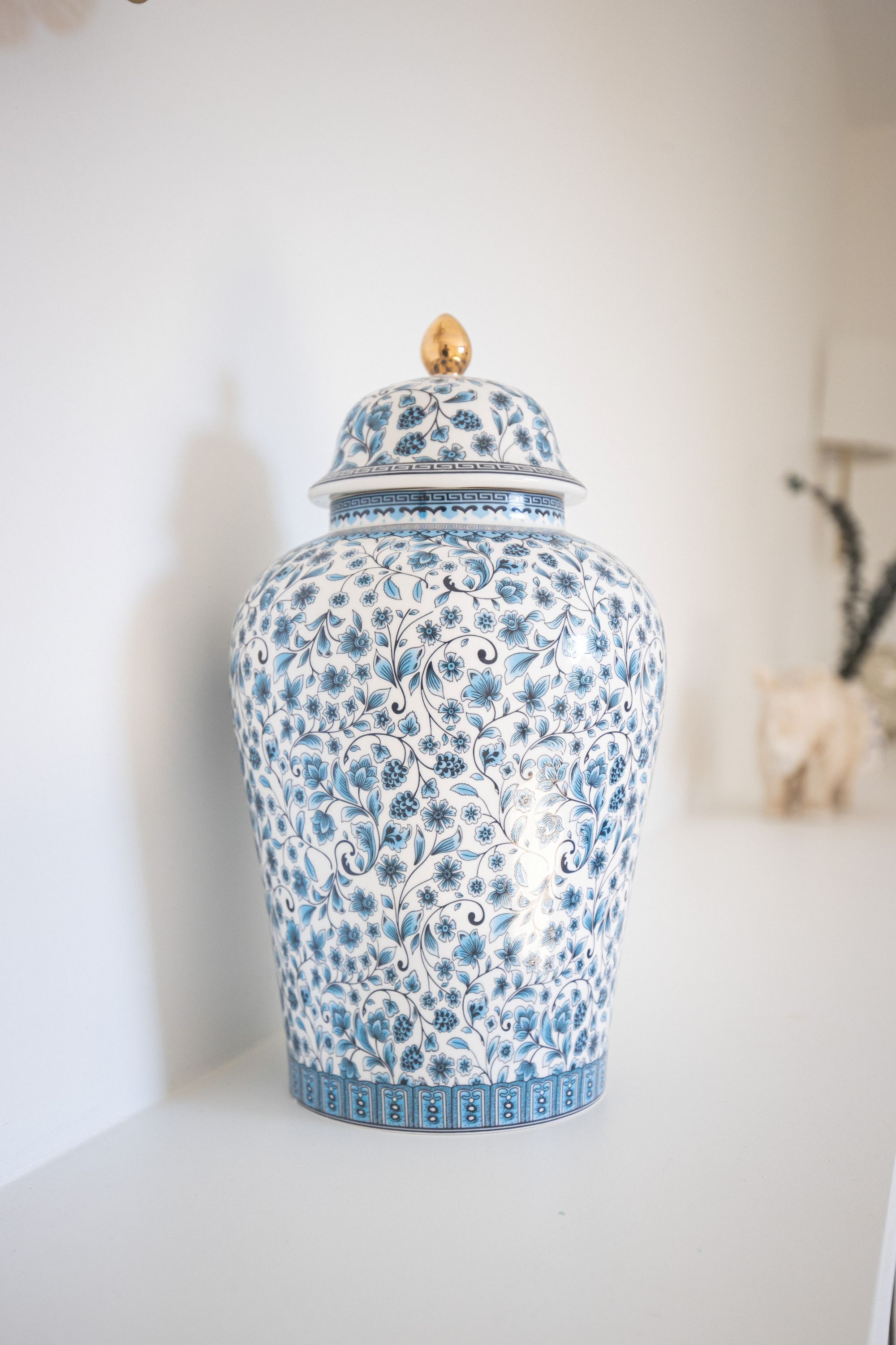 A ceramic jar with a lid and a decorative knob, placed on a white surface.