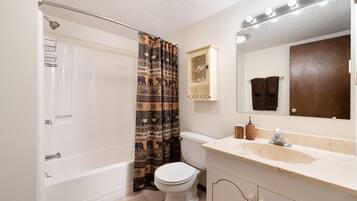 Combined shower/tub, hair dryer, towels, soap