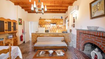 Smart TV, fireplace, books, stereo