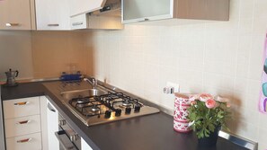 Fridge, coffee/tea maker, cookware/dishes/utensils