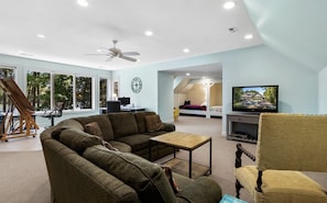 Smart TV, fireplace, DVD player, books