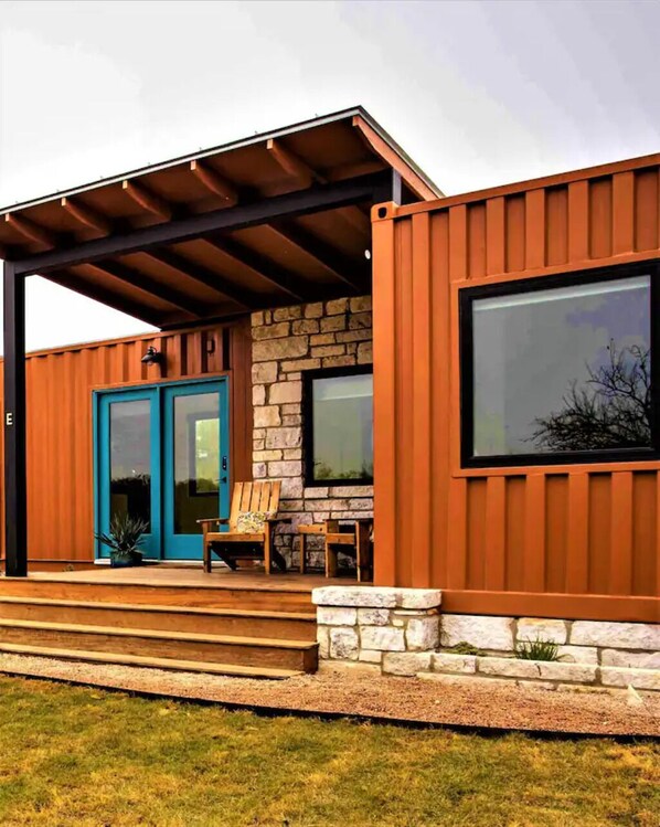 Exterior - Southwest Sunset Building -- at Odonata Escape (chic container building in a rural setting) (Fredericksburg)