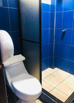 Shower, free toiletries, towels, toilet paper