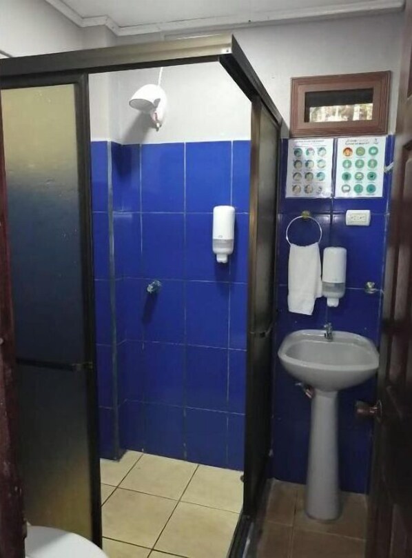 Shower, free toiletries, towels, toilet paper