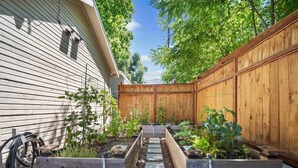 Un jardin avec des plates-bandes surélevées, un chemin et une clôture en bois.