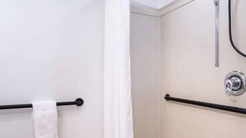 Un baño moderno con ducha, inodoro y barra de apoyo.