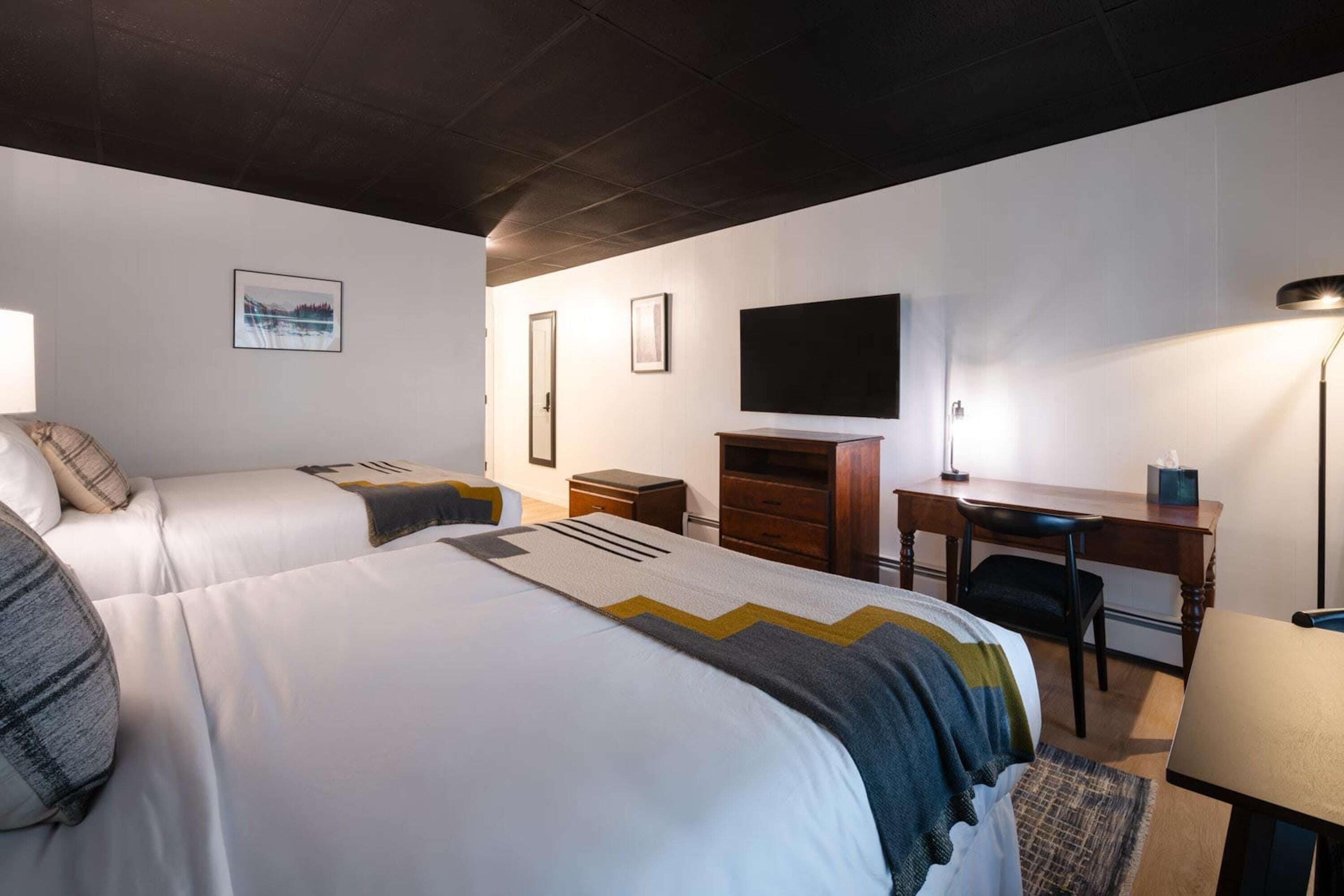 Een hotelkamer met twee bedden, een bureau, een stoel, een televisie en een lamp.