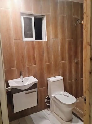 Regadera, toallas, jabón, papel de baño