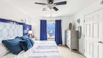 4 bedrooms, desk, blackout drapes, iron/ironing board