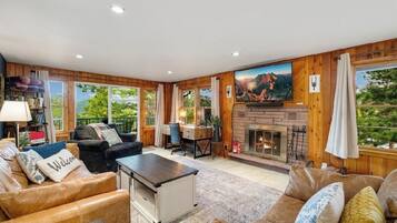 Smart TV, fireplace, video games, DVD player