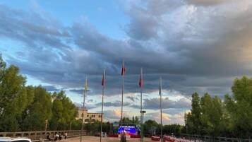 A parking area with multiple flags, a building with a blue-lit facade, and trees in the background.